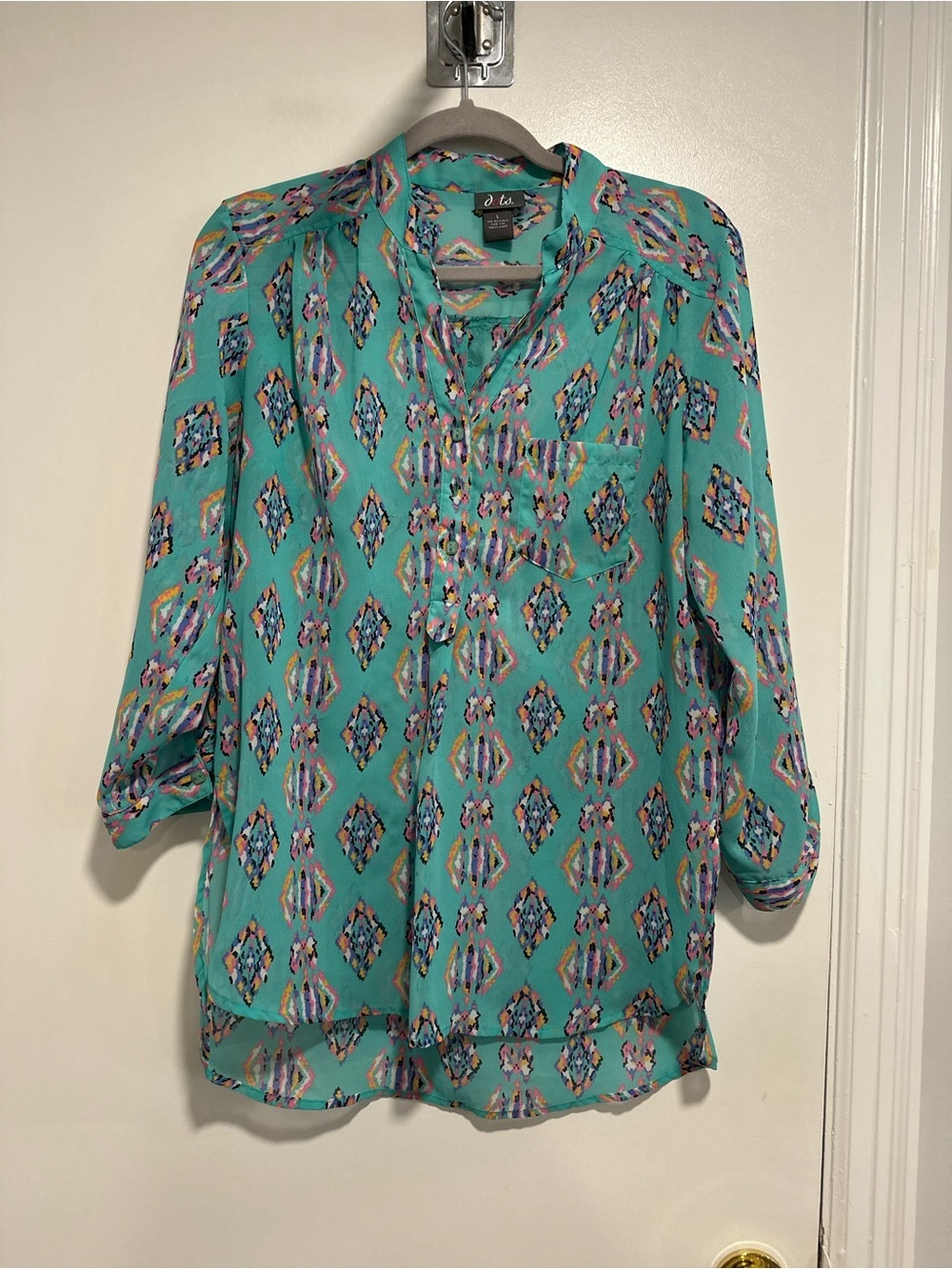 EUC VTG Y2K Dots Sz:L turquoise Colorful Pink Aztec geometric Lightweight blouse